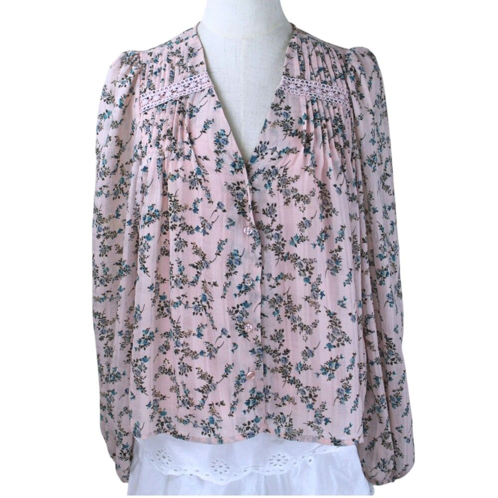 And Now This Pink Floral Cottagecore Peasant Blouse Romantic Boho Lace Top Sm